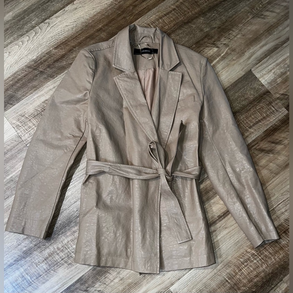 Zara Tan Vegan Leather Belted Blazer